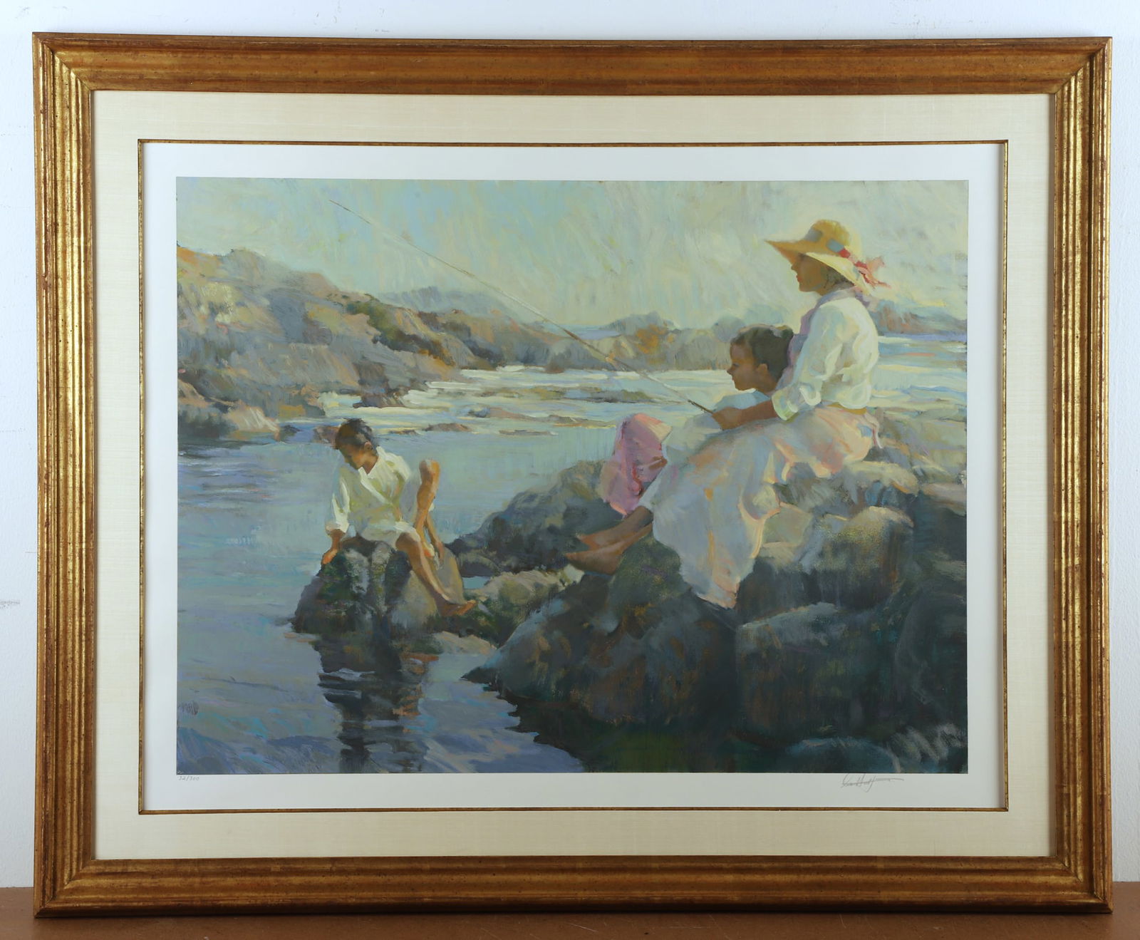 Don Hatfield Signed Serigraph "Peaceful Cove": Don Hatfield (American, b 1947) signed serigraph "Peaceful Cove", silkscreen on paper, pencil signed "Don Hatfield", edition 32/300, 24" x 32" image, framed 35" x 43", excellent condition