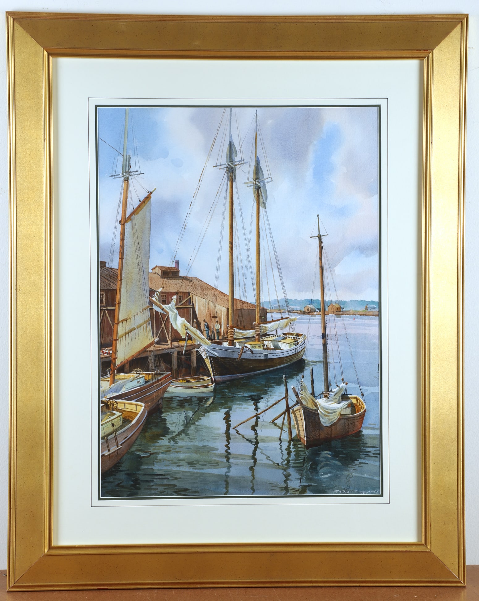 Frederick Kubitz "Eastport Harbor, Maine": Frederick Kubitz, 20th-21st C American MA artist, "Eastport Harbor, Maine" depicting boats in dock, watercolor on paper, signed "F. Kubitz AWS", 28-1/2" x 20-1/2" sight, framed 42" x 33-1/2", excellen
