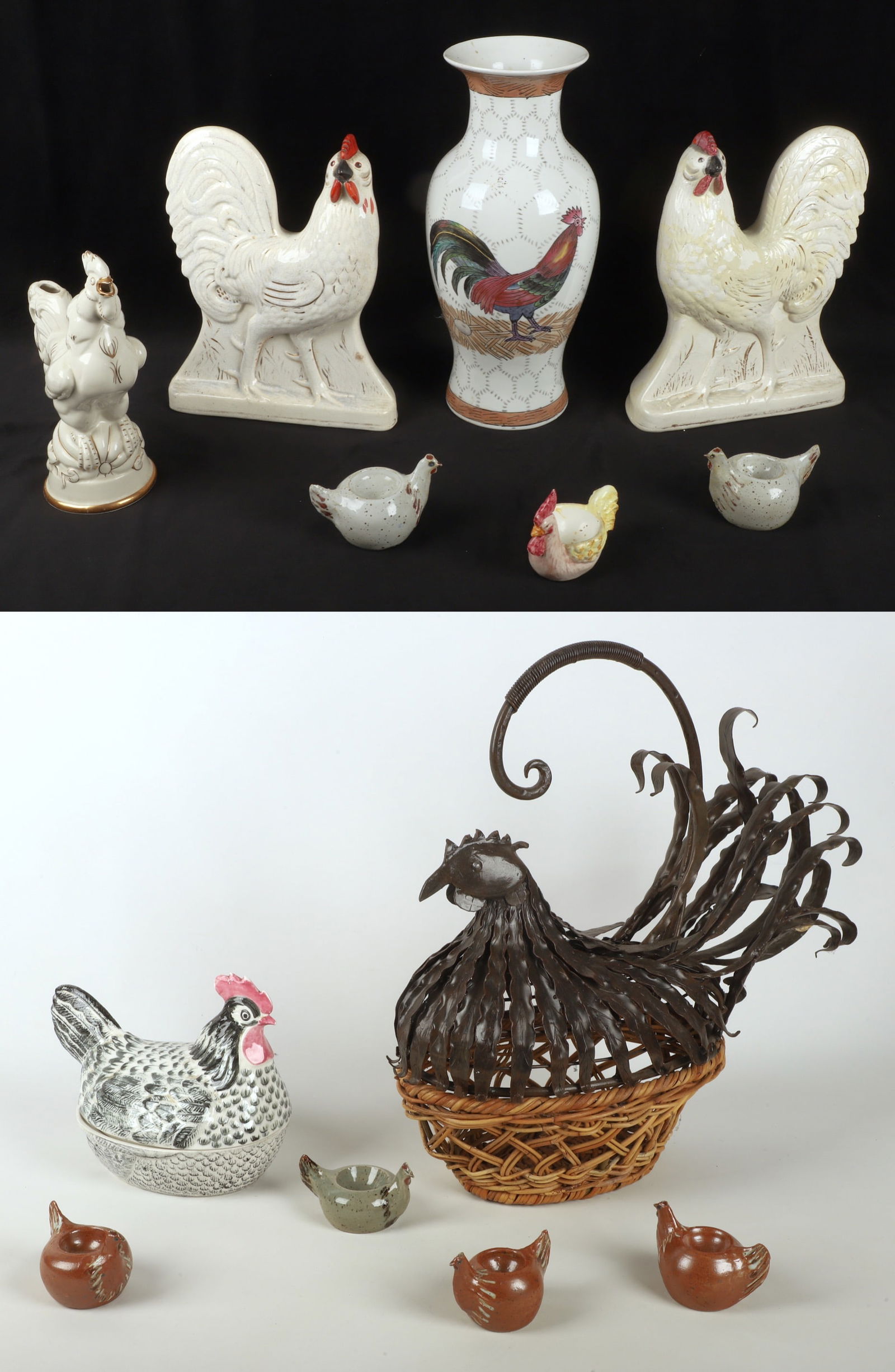 Hen and Rooster Themed Porcelain and Decor: Hen and Rooster Themed Porcelain and Decor to include a hinged figural patinated rooster form lidded egg basket, 20 "H, an assortment of (7) pottery and porcelain egg cups, a Price Kensingston hen for