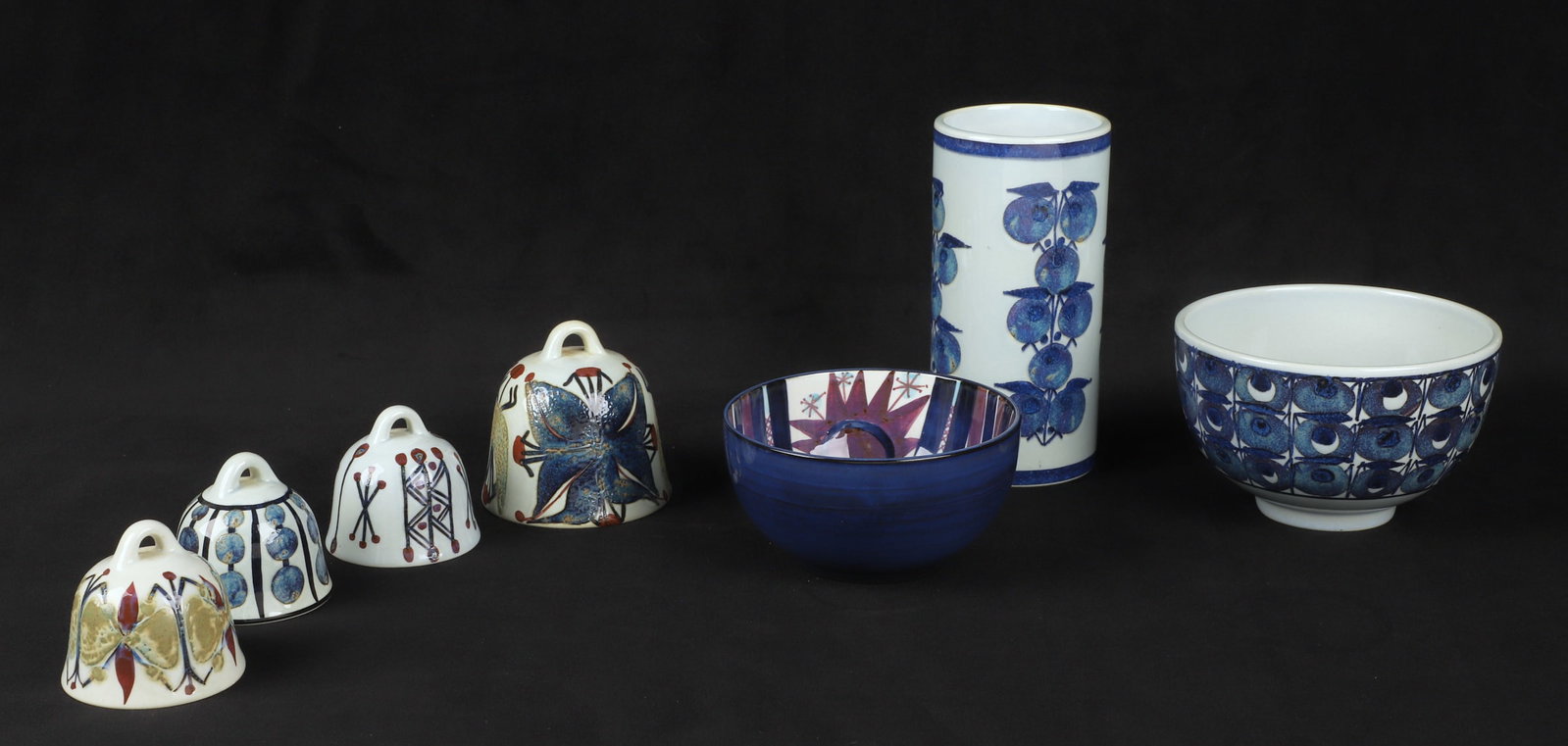Royal Copenhagen Bells, Bowls and Vase: Royal Copenhagen Bells, Bowls and Vase to include a Grete Helland-Hansen 5 3/4"H vase, heavily crazed, a Marianne Johnson Tenera series bowl, 4 1/4" diam, a Grete Helland-Hansen Tenera series bowl, 4 