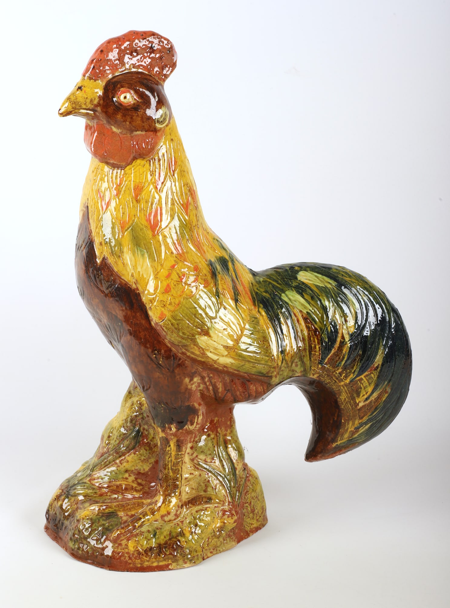 Redware Majolica Full Figure of a Rooster: Redware Majolica Full Figure of a Rooster, redware figure of a rooster in mottled glaze, 24"H x 18" W