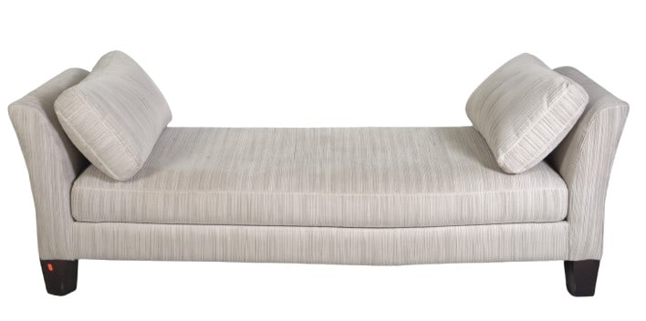 Contemporary upholstered chaise lounge: Contemporary upholstered chaise lounge, striped upholstered, tapered block feet, 33"h x 59"w x 33"d, some soiling to upholstery