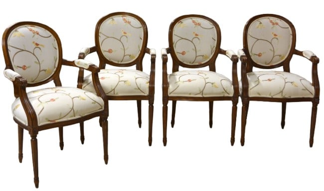 (4) Century mirrorback armchairs: (4) Century mirrorback armchairs, neutral bird, twig, berries, upholstery on backs, seats, armrests, fluted arms and legs, 38"H x 24"W x 24"D