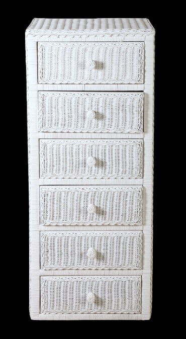 Painted wicker lingerie chest: Painted wicker lingerie chest, white painted with 6 drawers, 50"h x 20"w x 14"d