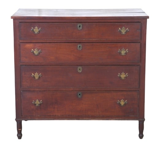 Sheraton style chest of drawers: Sheraton style chest of drawers, 4-graduated drawers with batwing pulls, on turned legs, 39"h x 41"w x 21-3/4"d, splits in top and sides