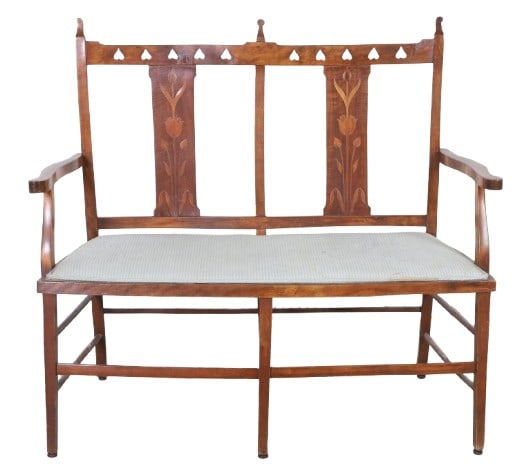 Floral marquetry inlaid settee: Floral marquetry inlaid settee, upside down hearts pierced top back rail, (2) inlaid closed panel backs, striped seat cushion, tapered legs, 39"H x 42"W x 18"D