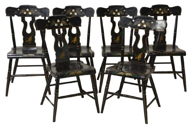 (6) Ebonized and gilt plank seat side chairs (1 of 4)