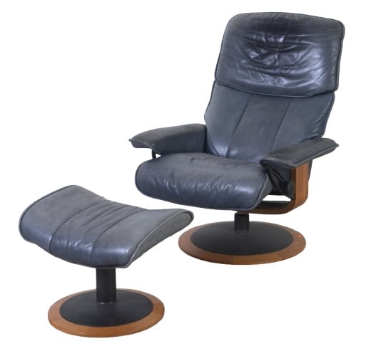 Modern Design leather swivel lounge chair and ottoman: Modern Design leather swivel lounge chair and ottoman, distressed blue leather, 43"h x 32"w x 25"d, sunfading to upholstery