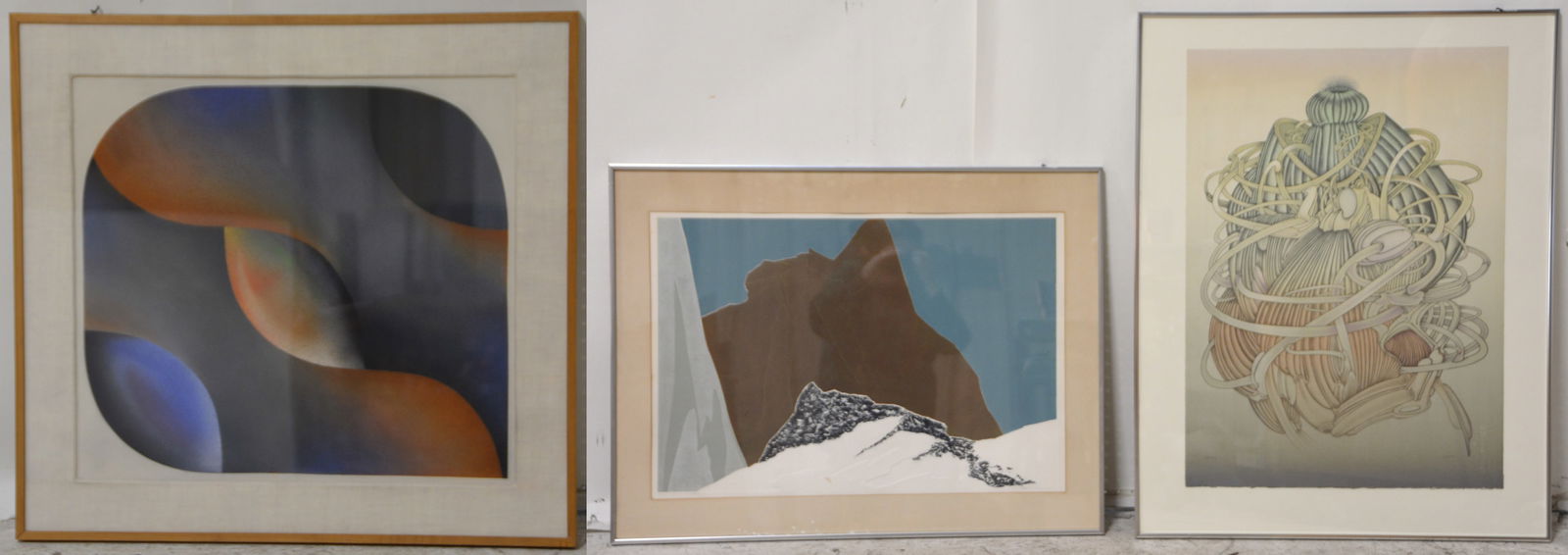 (3) Abstract art pieces: Alain Le Foll & Beatrice Berlin (2) prints, "Medusa" lithograph, pencil signed "Le Foll", 31" x 22-1/4" sheet; "Mountainscape", color etching, pencil signed "Beatrice Berlin", edition 6/50, 19" x 27-3