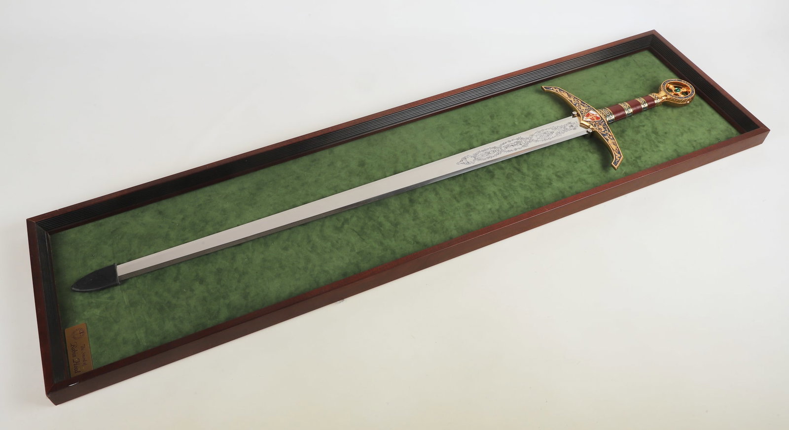 Sword of Robin Hood on Plaque: Sword of Robin Hood on plaque, the noble collection, made in Spain, Earl of Huntington, (6) characters engraved on blade, sword, 48"H x 10"W x 2"D, plaque, 52"H x 14"W x 2"D