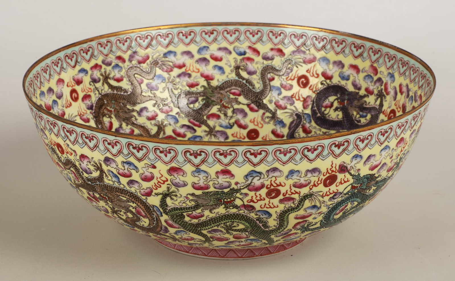 Chinese Eggshell Dragon Bowl: Chinese Eggshell Dragon Bowl, heavily decorated eggshell porcelain bowl in multi-dragon surround at interior and exterior, mark at underside, presented in a lined chinoiserie fitted box, 9 1/4" dia 3 
