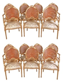 (14) Gustav Carroll Louis XVI style gilt carved and caned dining chairs