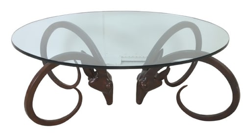 Ram's head glass top cocktail table