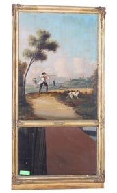 French style distressed gilt painted trumeau mirror