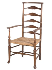 Oak carved ladderback rush seat open armchair