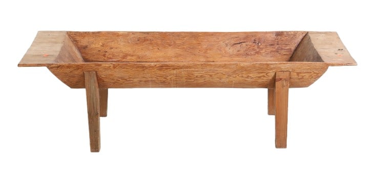 Pine trough: Pine trough, carved pine trough on square legs, 17"h x 60"w x 21"d