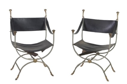 Pair Regency style chrome and brass cerule chairs