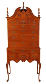 Eldred Wheeler QA style tiger maple 2-pc highboy