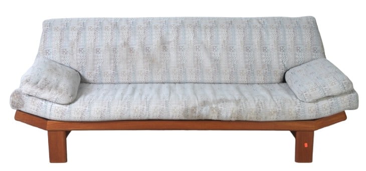 Danish Modern teak upholstered sofa: Danish Modern teak upholstered sofa, Modern decorative upholstery and cushions, teak frame, 32"h x 84"w x 35"d, soiling to upholstery