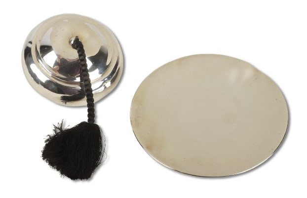 Tiffany and Co. Elsa Peretti Covered Trinket and Plate: Tiffany and Co. Elsa Peretti Covered Trinket and Plate to include a lobed natural form covered trinket with black silk fringed tassel pull, marked at underside Peretti Tiffany and Co. Italy Sterling 1