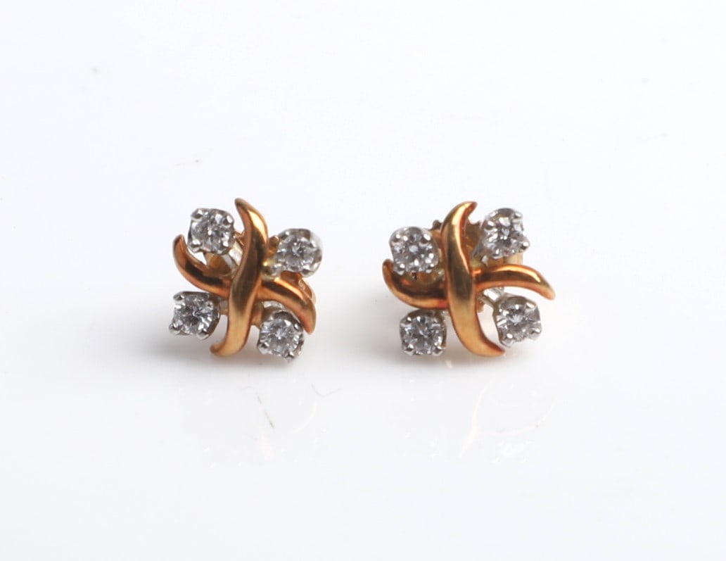 Tiffany and Co. Schlumberger Lynn Earrings: Tiffany and Co. Schlumberger Lynn Earrings, 18K yellow gold, platinum and diamond earrings, each comprised of (4) 2 mm round cut diamonds, set in platinum, with 18K yellow gold cross surround, stamp s