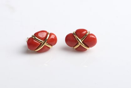 18K Yellow Gold and Coral Seaman Schepps Earrings