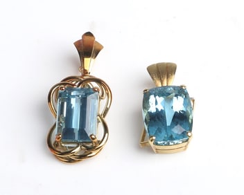 (2) 18K Yellow Gold Blue Topaz Pendants