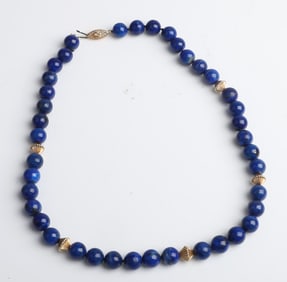 14K Yellow Gold and Lapis Beaded Necklace