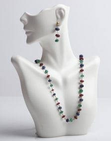 Carved Natural Ruby, Emerald and Sapphire Necklace