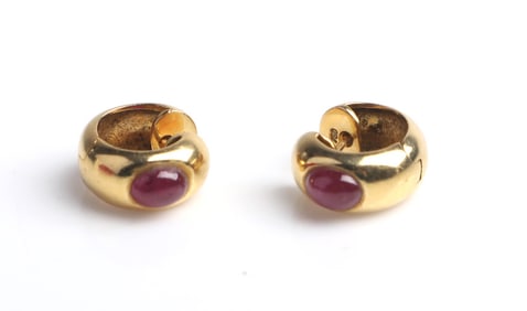 18K Yellow Gold Craig Drake Ruby Huggy Hoops