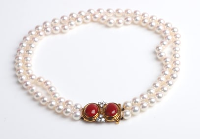 2-Strand Pearl, Diamond and Coral Necklace