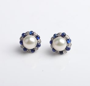 18K Pearl Centered Sapphire and Diamond Earrings