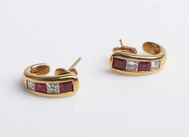 18K Channel Set Diamond and Ruby Half Hoops