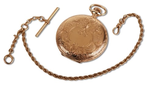 14K Waltham Hunt Case Scenic Pocketwatch & Chain