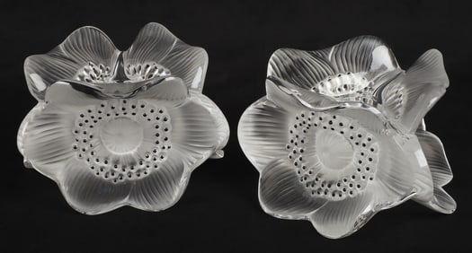 Lalique Anemone Crystal Candlestick Pair