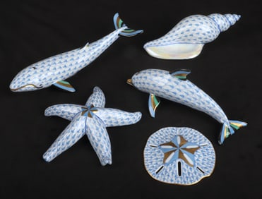 (5) Herend Fishnet Blue Seashells and Creatures