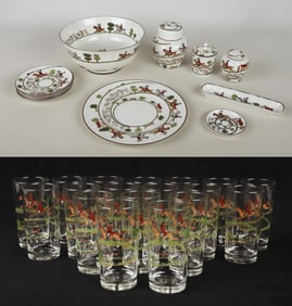 (12+18) Pieces Crown Staffordshire Hunting Scenes