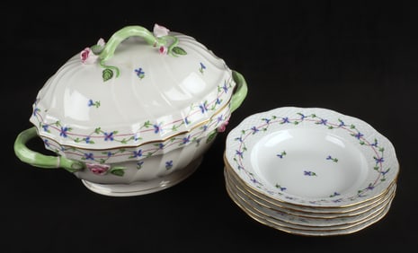 Herend Blue Garland soup tureen & (6) soup bowls