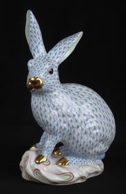 Large Herend blue fishnet rabbit figure