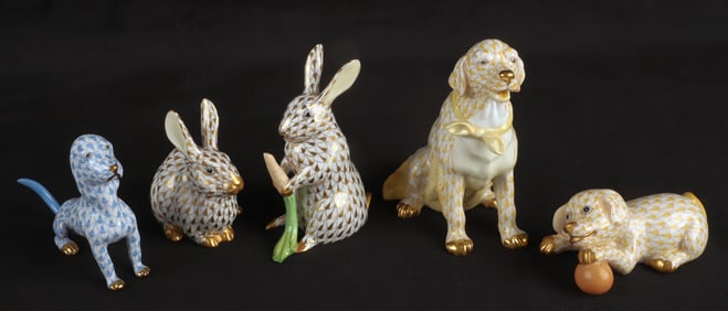 (5) Herend fishnet dog & rabbit figures