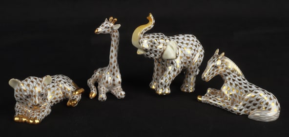 (4) Herend Guild fishnet wild animal figures