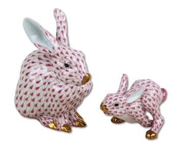 (2) Herend raspberry pink fishnet rabbit figures