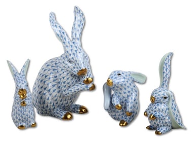 (4) Herend blue fishnet rabbit figures
