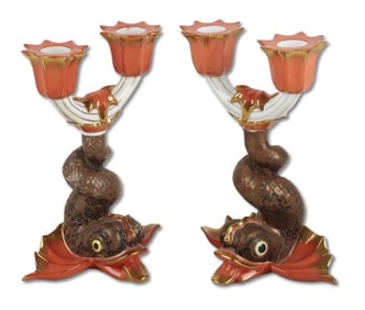 Herend Inverted Dolphin Koi Candelabra Pair