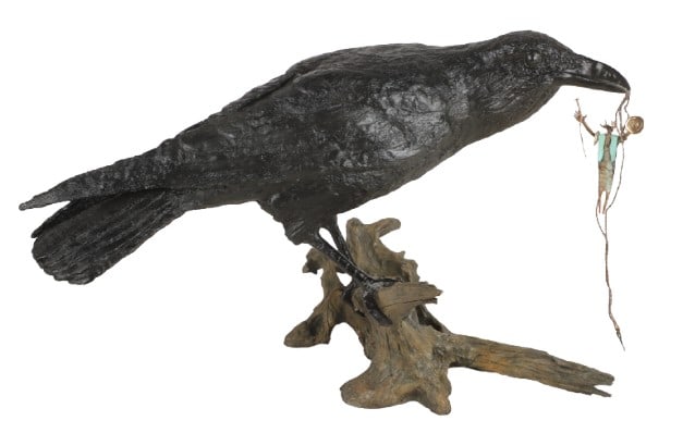 Jim Eppler & Bill Worrell "Raven with Shamen Pendant: Jim Eppler & Bill Worrell, 20th-21st American, "Raven with Shamen Pendant", collaboration piece of a Jim Eppler bronze sculpture of a raven with a Bill Worrell bronze shaman sculpture in its beak, cas