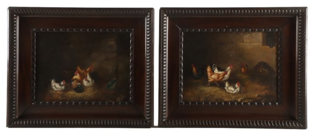 Pr 19th C Continental Paintings of Chickens