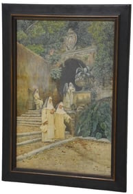 Enrico Tarenghi Watercolor "Nuns in the Garden"