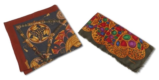 (2) Silk and Cashmere Hermes and Chanel Scarves