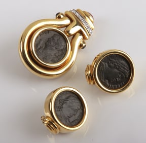 18K Yellow Gold Coin Centered Earrings and Pendant