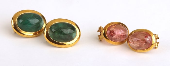 (2) 18K Yellow Gold Cabochon Centered Earrings